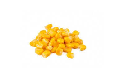 Heap of canned yellow sweet corn seeds isolated on white background