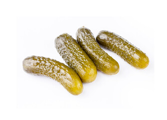 Delicious marinated pickled cucumbers, isolated on white background