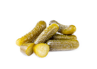 Delicious marinated pickled cucumbers, isolated on white background