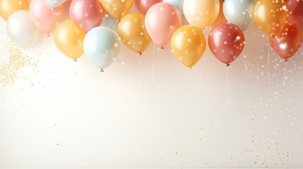  a bunch of balloons floating in the air with gold and white confetti on the bottom of the balloons and confetti on the bottom of the balloons. - obrazy, fototapety, plakaty
