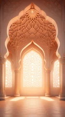 Foto op Plexiglas A room decorated with intricate arabic patterns on the walls and ceiling. The room is lit by the bright sunlight coming in through the windows. Dreamy mood.  © Andrey