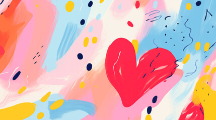 An abstract Valentine's day background consists of various shapes, brush strokes, splatters and several  hearts scattered throughout. Soft and romantic mood.