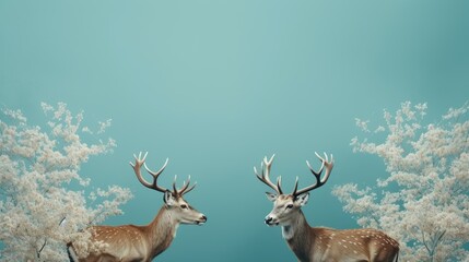  a couple of deer standing next to each other in front of a forest filled with tall grass and white flowers on top of a blue sky filled with white clouds.