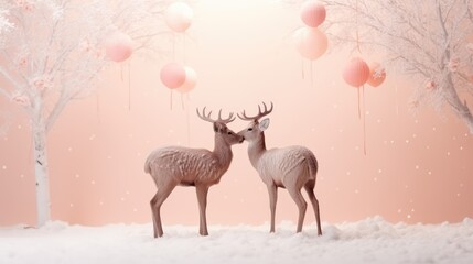  a couple of deer standing next to each other in front of a tree filled with pink and white balloons on a pink and white background with snow covered trees and balloons.