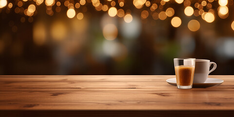 Obraz na płótnie Canvas Wooden Plank Tabletop Placement with blur background and cup of tea, Coffee On Wooden Table background with blur lights, Coffee On Wooden Table, generative AI 