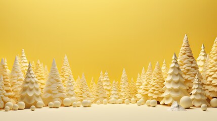  a group of white christmas trees sitting next to each other on a yellow and white background with snow on the bottom of the trees and bottom half of the trees.