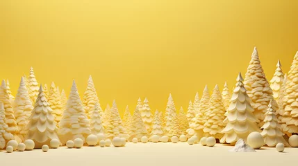 Zelfklevend Fotobehang  a group of white christmas trees sitting next to each other on a yellow and white background with snow on the bottom of the trees and bottom half of the trees. © Shanti