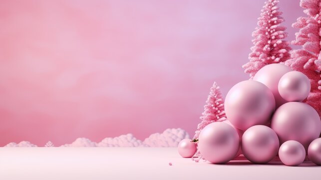  a bunch of pink ornaments sitting in the middle of a pink snow - covered area with pink trees in the foreground and a pink sky in the back ground.
