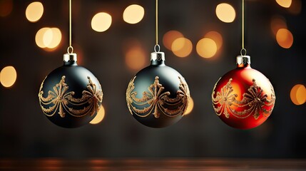  three christmas ornaments hanging from strings in front of a blurry background with boket lights in the backround of a dark room with boket lights in the background.