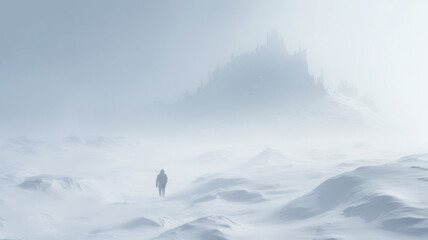 A person walks in a blizzard. Snowy landscape, severe weather and harsh conditions. - obrazy, fototapety, plakaty