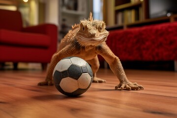 a young bearded agama runs after a football - obrazy, fototapety, plakaty