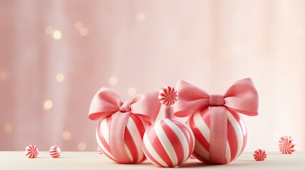  a group of candy canes with bows and candy canes in front of a pink background with a boket of lights in the back of the background.
