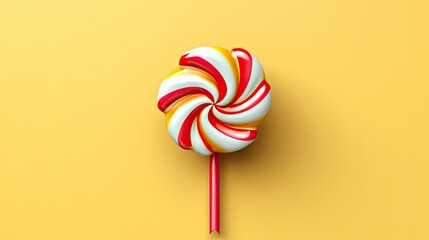  a lollipop on a yellow background with a red and white striped lollipop on a red and white striped lollipop on a yellow background with red and white striped lollipop. - obrazy, fototapety, plakaty