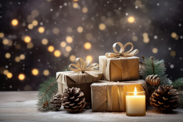 Fototapeta na wymiar Gift boxes, candles and pine branches on bokeh lights background. Christmas and New Year background