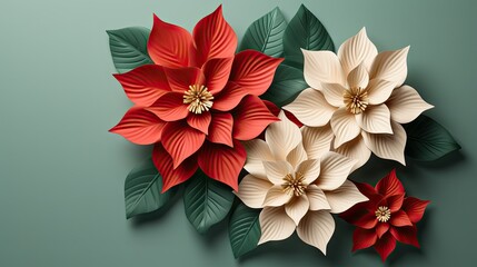  three poinsettia flowers with green leaves on a green background with a red and white poinsettia flower on a green background 