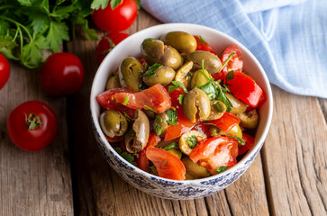 Gourmet flavors from traditional Turkish cuisine; green olive salad (Turkish name; Kirma yesil zeytin salatasi) A flavor belonging to the Turkey - Antakya region.