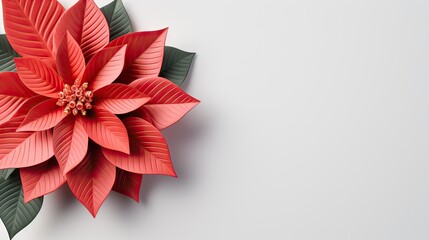  a red poinsettia flower with green leaves on a white background with a place for a text or an image to put on the side of the poinsettia.