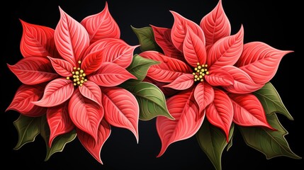  a painting of two red poinsettias with green leaves on a black background with space for a text or a picture to put on the bottom right side of the poinset.