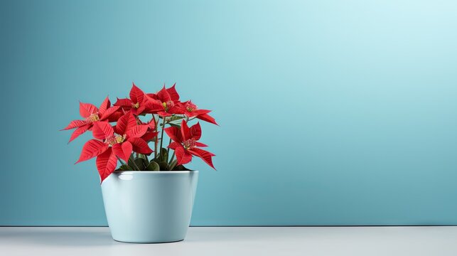  a white vase filled with red poinsettias on top of a white table next to a blue wall and a wall behind it is a light blue wall.