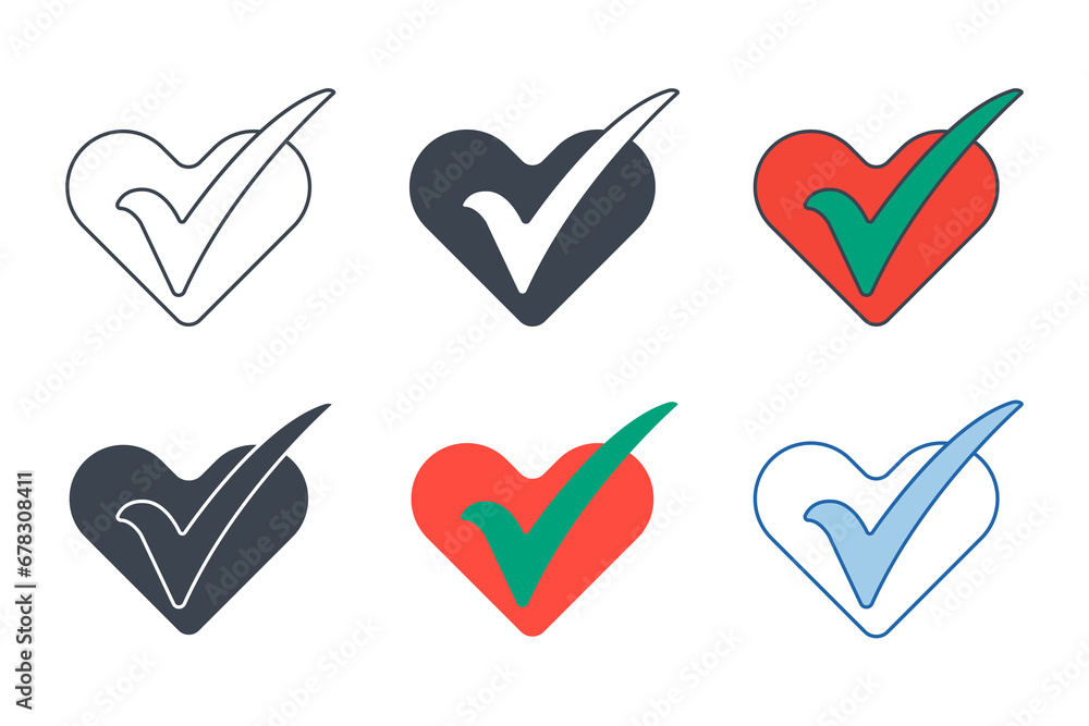 Poster check mark with heart icon collection with different styles. love check mark icon symbol vector illu