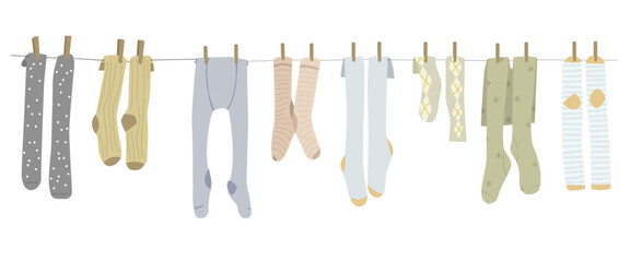 Set of different types underwear and socks hanging on a clothesline. Cute kid vector flat illustration.