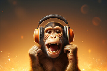 funny monkey listening to headphones - obrazy, fototapety, plakaty