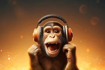 Fotobehang funny monkey listening to headphones © Vera