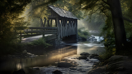 Charming Rustic Covered Bridge Over a Babbling Creek, Enhanced with Cool and Muted Tones to Evoke a Nostalgic and Tranquil Atmosphere