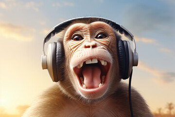 funny monkey listening to headphones - obrazy, fototapety, plakaty