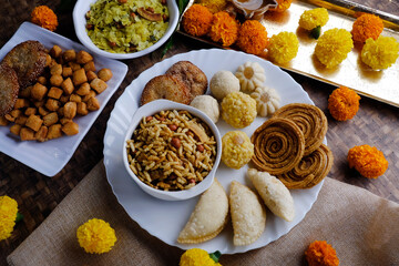 Diwali snacks Diwali faral, Diwali Special sweet and salty snacks, Festival snacks from Maharashtra, India.