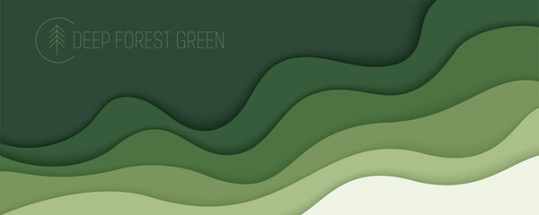Deep forest green waves, paper art banner. Nature greenery color poster template in papercut style. Vector illustration EPS 10.