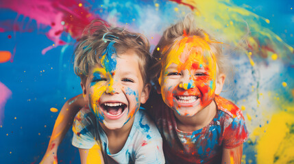 Photorealistic image of some smiling children with painted faces, Captivating innocence: dynamic close-up of diverse children splashed with colors - obrazy, fototapety, plakaty
