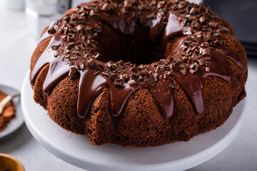 Chocolate bundt cake with chocolate ganache icing