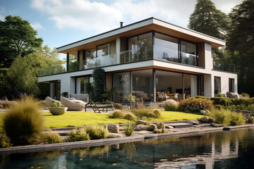 Contemporary modern house. Architect's house. Modern house with large windows. Real estate. Real estate agency. Real estate agent	
