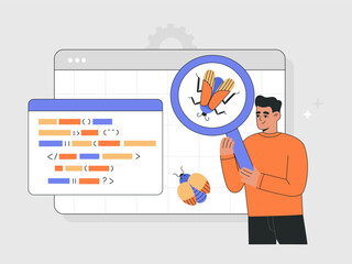 IT specialist testing software in search of bugs. Development, coding and problem identification. Hand drawn vector illustration isolated on light background, modern flat cartoon style.