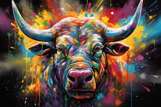 Vibrant Graffiti of Wall Street Bull in Bold Colors, Exuding Power and Energy, Reflecting the Dynamic Realm of Finance