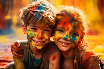Obraz premium Photorealistic image of some smiling children with painted faces, Captivating innocence: dynamic close-up of diverse children splashed with colors