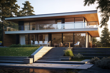 Contemporary modern house. Architect's house. Modern house with large windows. Real estate. Real estate agency. Real estate agent	
