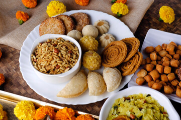 Diwali snacks Diwali faral, Diwali Special sweet and salty snacks, Festival snacks from Maharashtra, India.