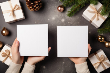 Female hands holding white gift boxes with christmas ornaments on gray background.