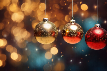 Fototapeta premium Decorative Christmas baubles against bokeh lights background.