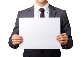 Close-up of unrecognizable businessman man holding blank white banner isolated from transparent background
