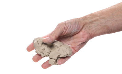 Obraz premium Grey modelling clay shaped in dirty clay hands isolated on white, clipping 