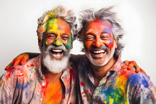 Colorful Laughter: Smiling Faces of Two Elderly Men on white background with copy space 