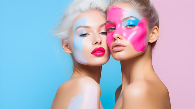 two naked girls with colorful face makeup and dyed hair posing for camera with copy space on blue background