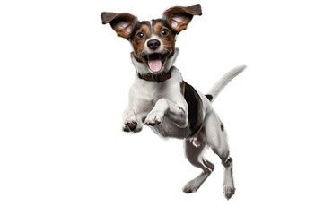 Happy terrier dog jumping on a transparent background looking at the camera - obrazy, fototapety, plakaty