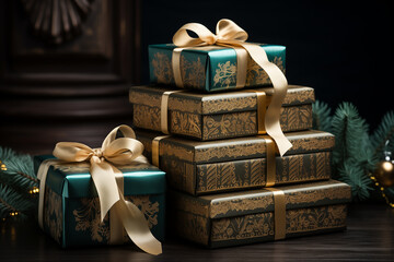 beautiful wrapped christmas gifts on a wooden background.