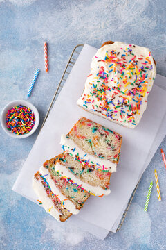 Birthday cake loaf cake or funfetti quick bread with sprinkles