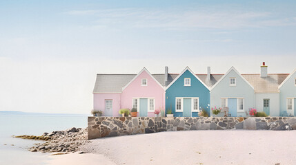 Charming Seaside Cottages Along a Pebble Beach, Enhanced with Soft and Pastel Tones to Evoke a Tranquil and Picturesque Atmosphere