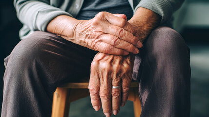 60 years old woman sitting with her wrinkled hands. Close-up